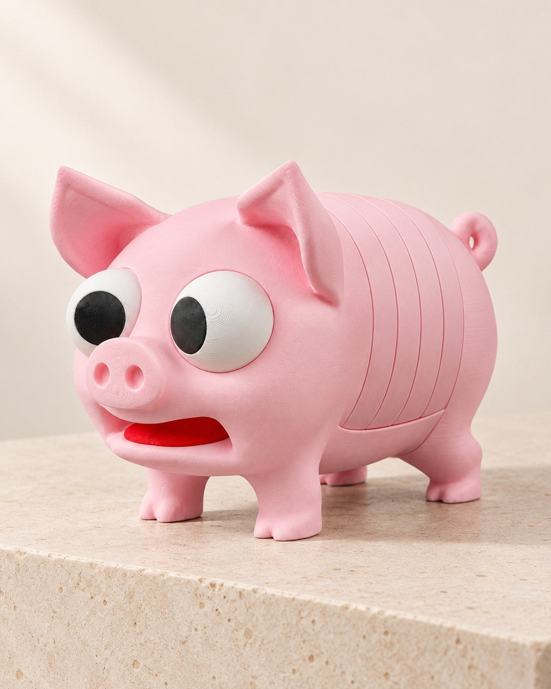 Pork Chop Coaster Pig on a pale limestone plinth, soft studio light