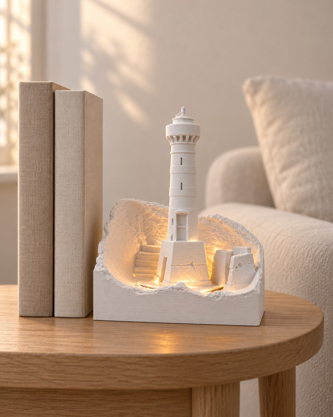 Coastal Lighthouse Lamp in a calm, softly lit interior, shown at true scale