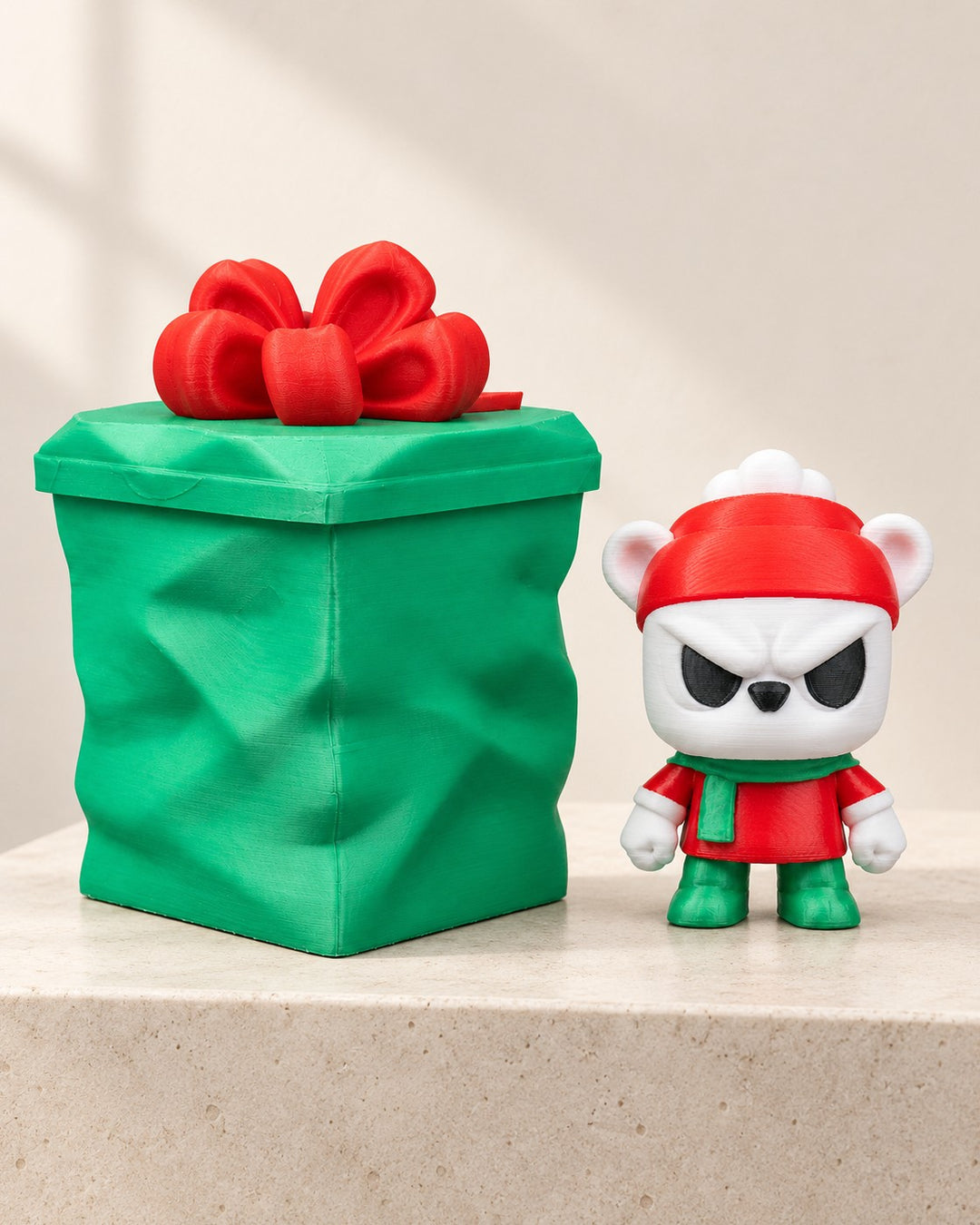 Festive Bear Gift Set: Red-hatted bear with a stubborn expression and a lidded gift container