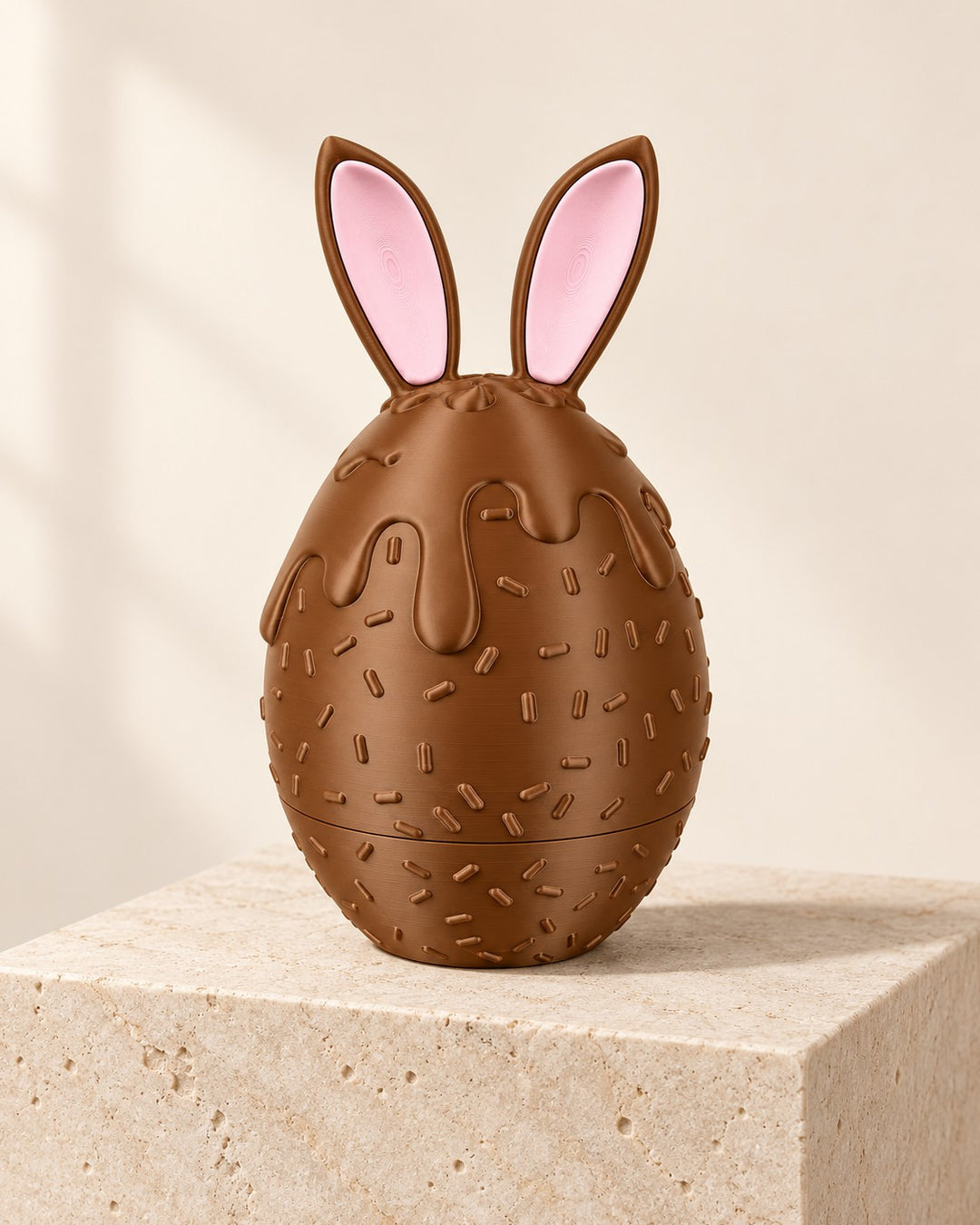 Sprinkle Bunny Egg: Lift-off chocolate-brown egg with icing drips and pink-eared bunny top