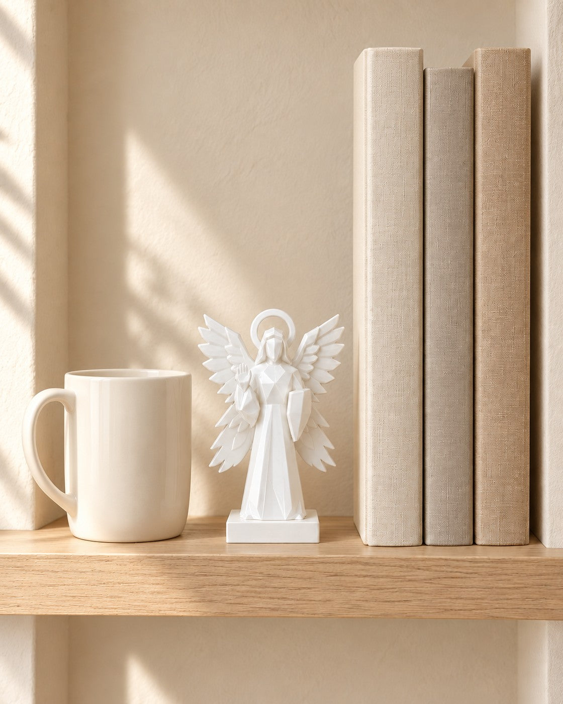 Four-Winged Guardian Angel in a calm, softly lit interior, shown at true scale