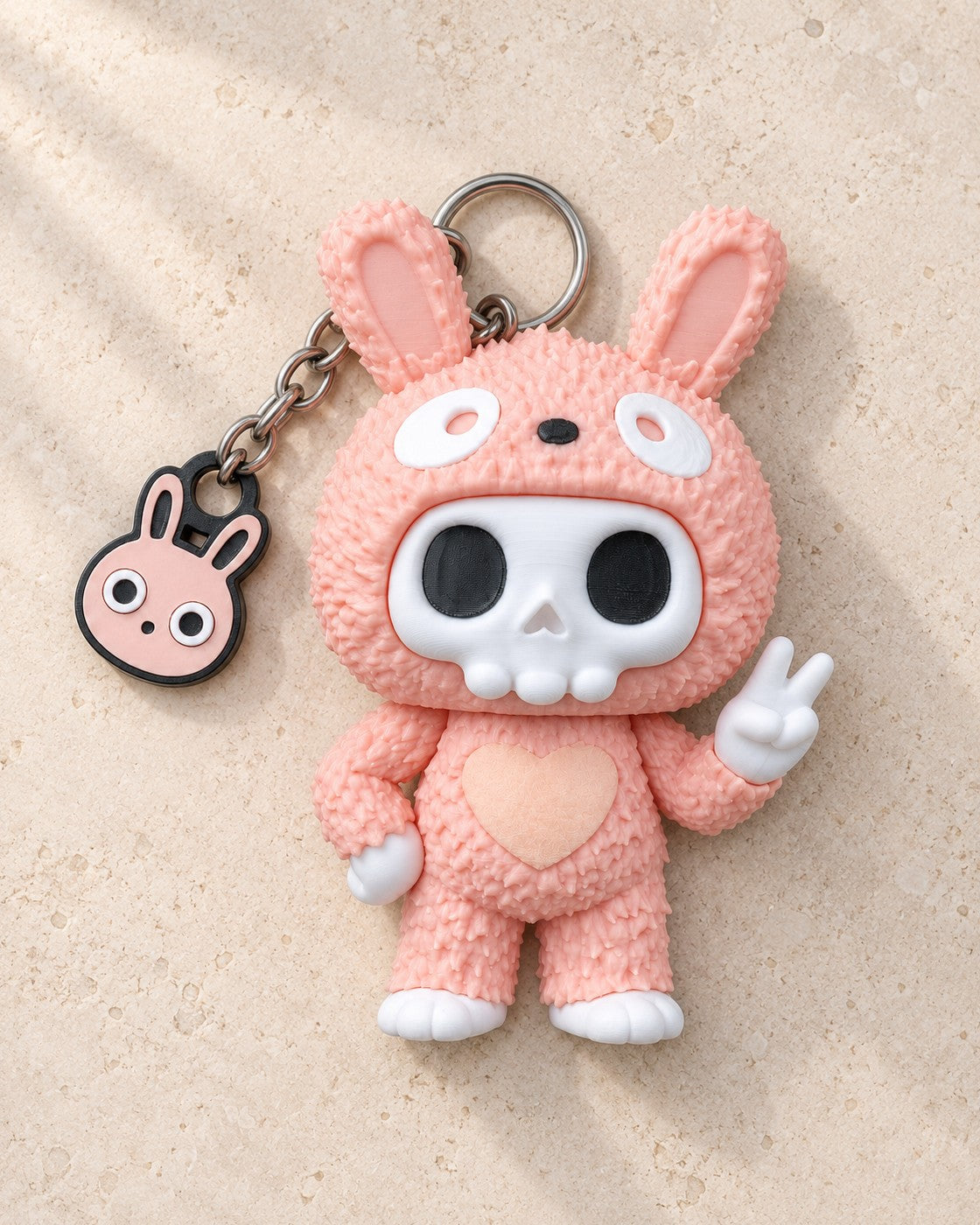 Pink Rabbit Skull Keyring on a pale limestone plinth, soft studio light