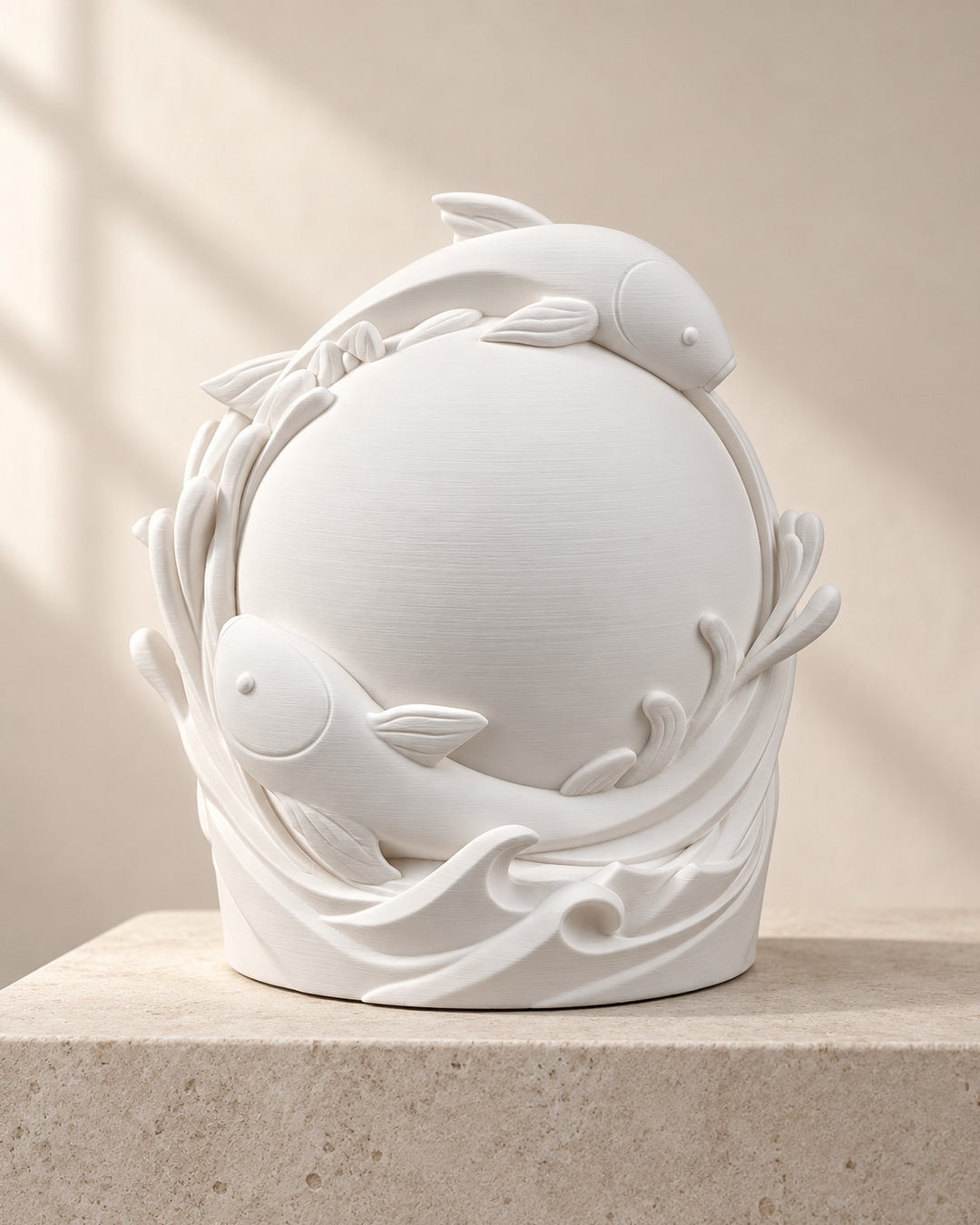 Twin Fish Orb Lamp: Two sculpted fish around a softly glowing frosted sphere