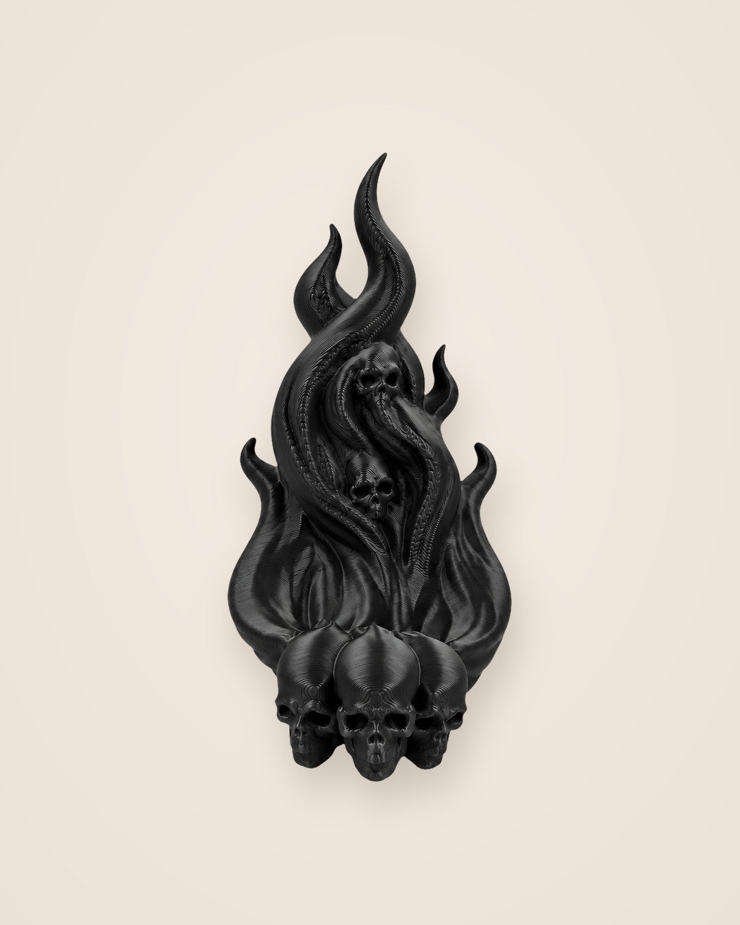 Dark Ember Headphone Hook: Wall-mounted hook shaped like a flame rising from three skulls