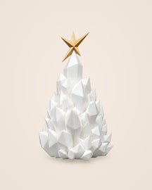 Crystal Tree Lamp: A faceted white Christmas tree with a gold star and a flameless glow