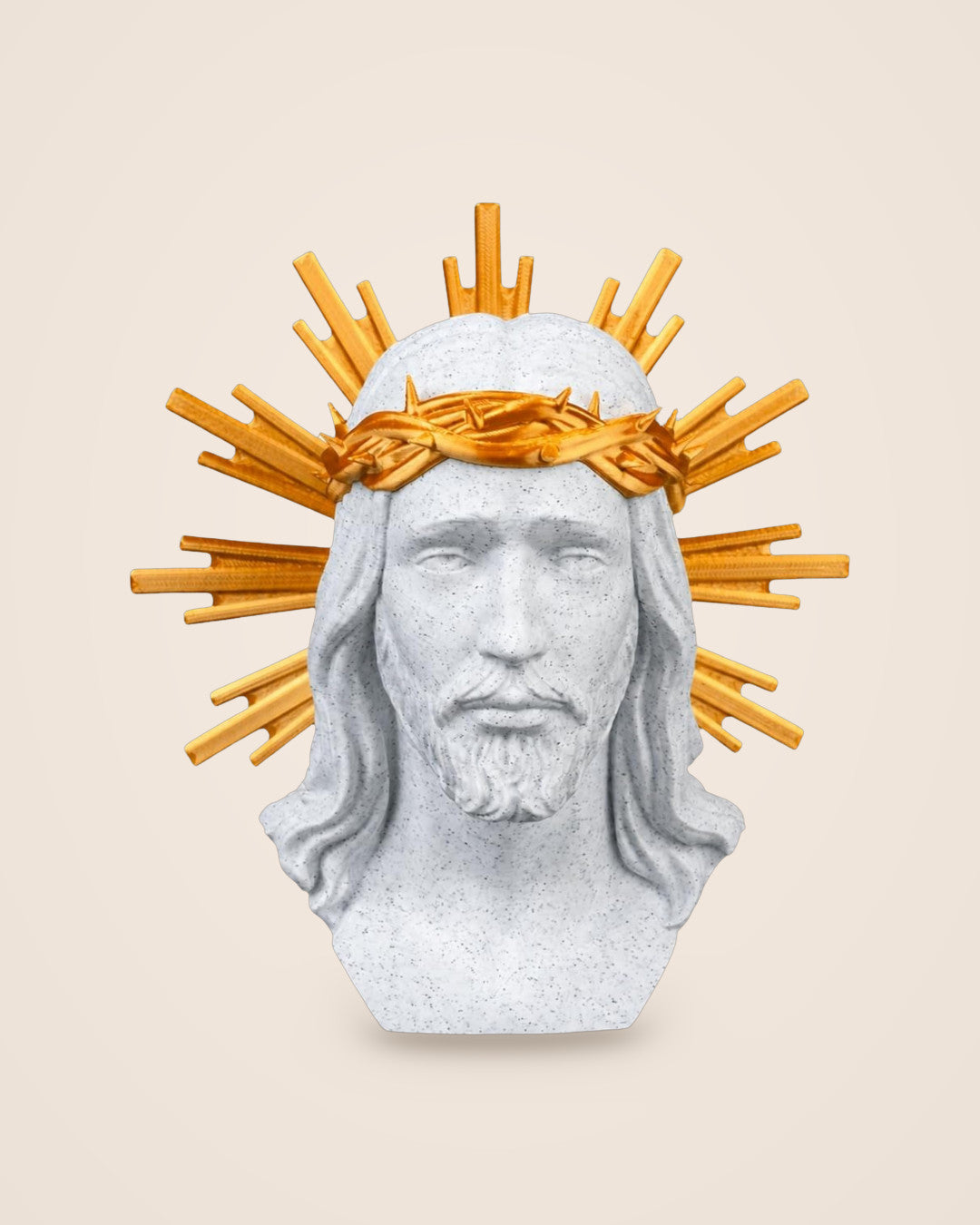 Sacred Bust with Gold Halo: Jesus Christ bust in marble-effect PLA with a silk-gold sunburst halo