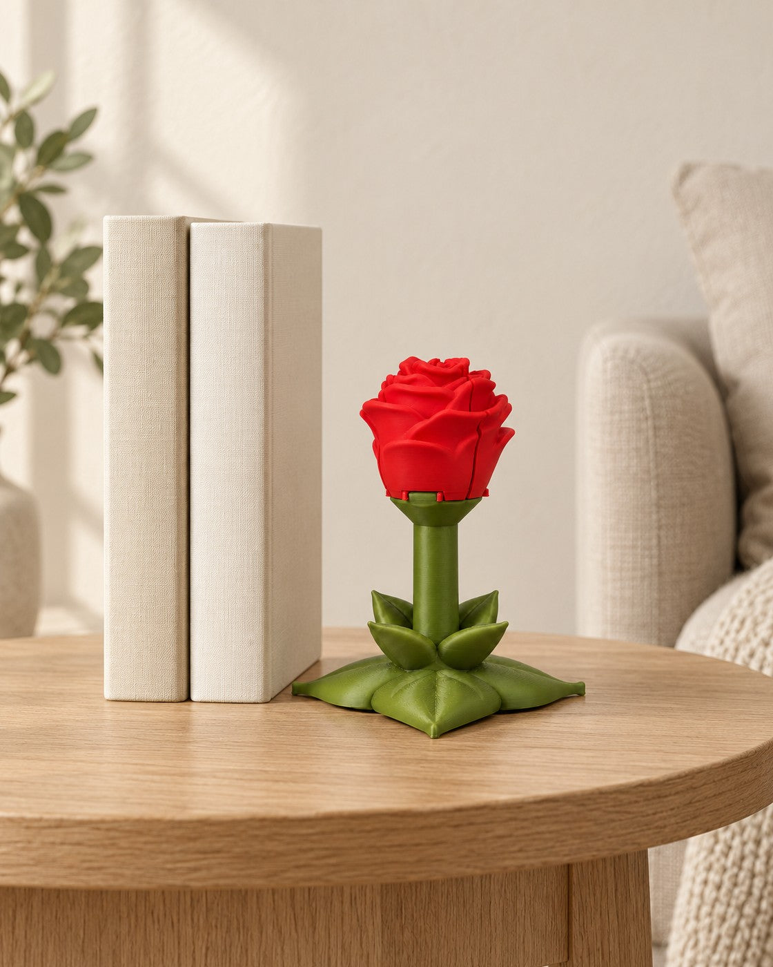 Sweet Rose Container and Ring Box in a calm, softly lit interior, shown at true scale