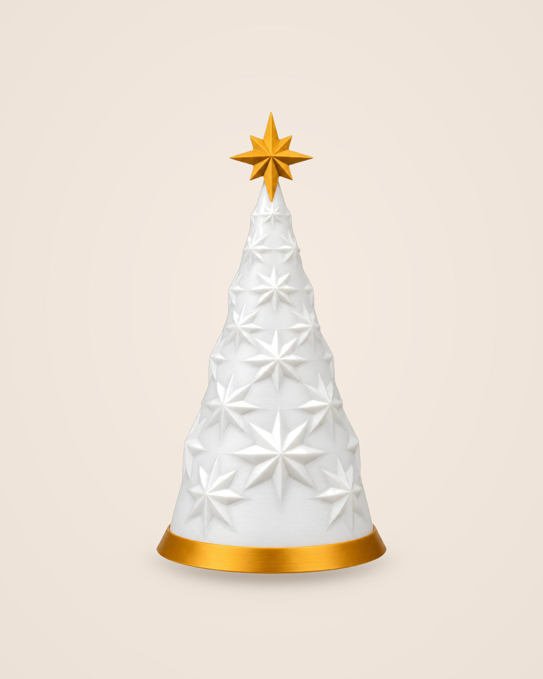 White and Gold Tree Lamp: Star-patterned cone lit from within by a battery LED tealight