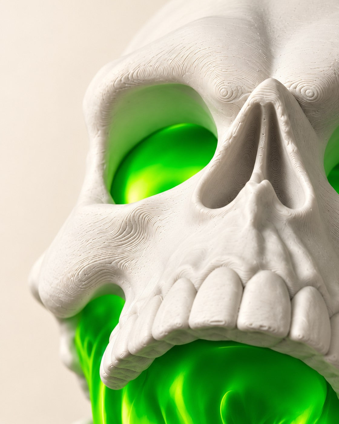 Close-up of the Green Glow Skull Lamp showing fine printed layer lines
