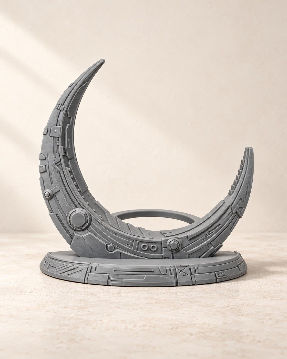 Robot Moon Console Stand on a pale limestone plinth, soft studio light