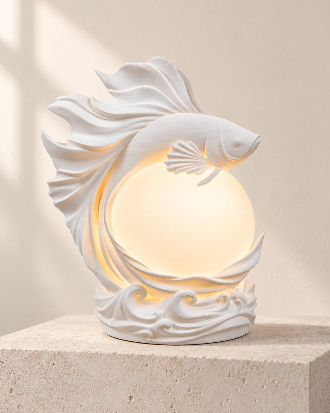 Betta Sphere Lamp: Sculpted betta arcing over a softly glowing frosted orb
