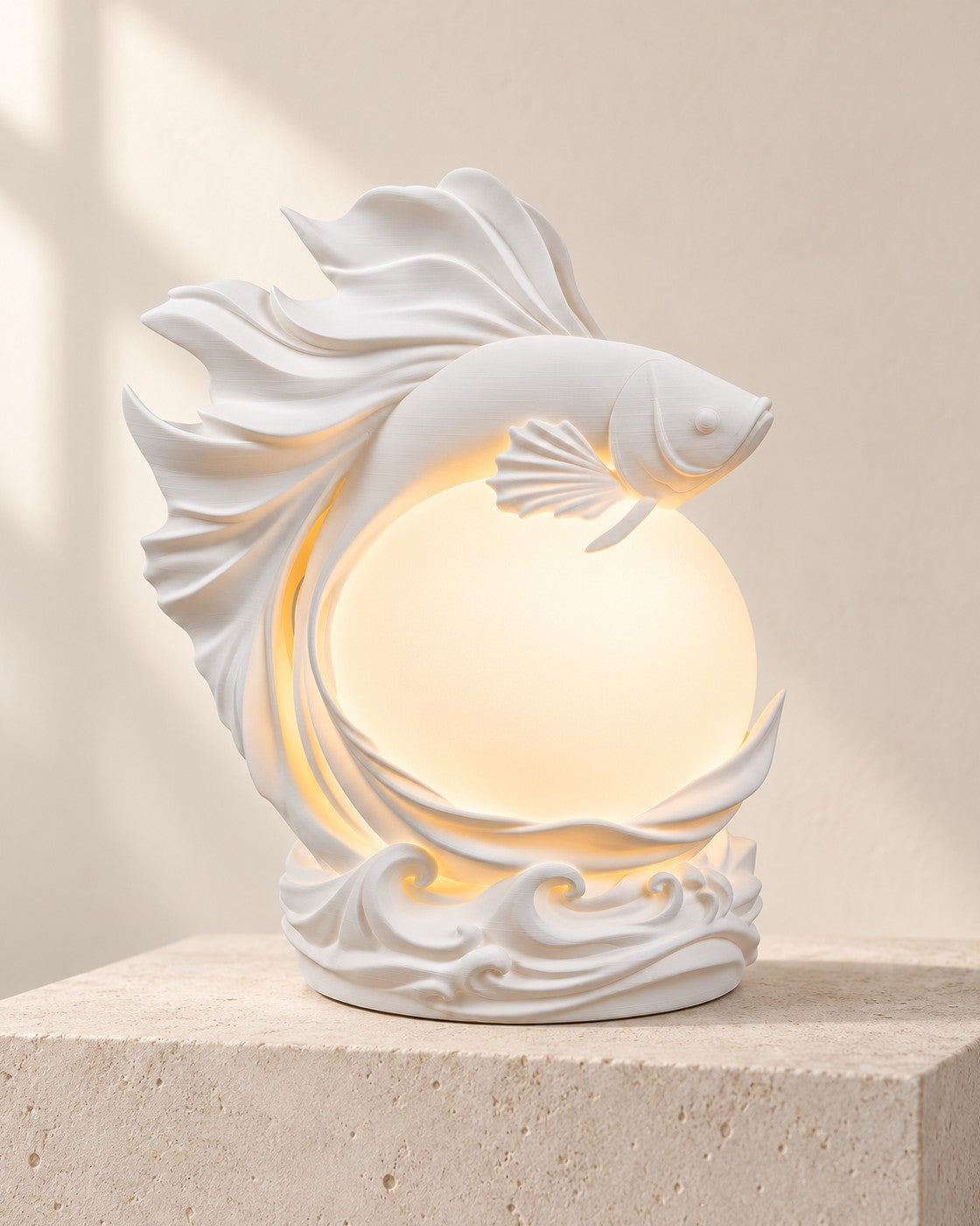 Betta Sphere Lamp on a pale limestone plinth, soft studio light
