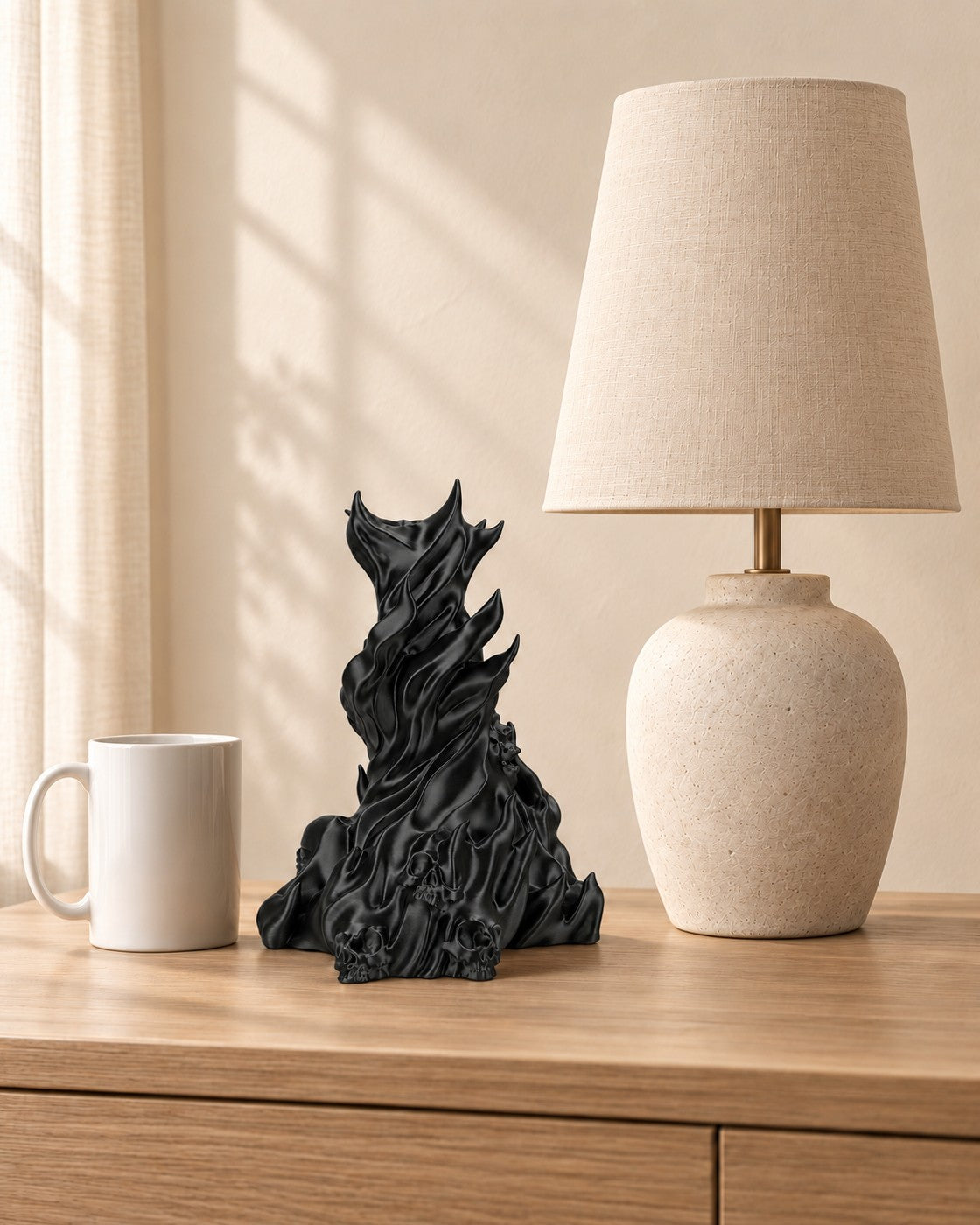 Flame and Skull Stand in a calm, softly lit interior, shown at true scale