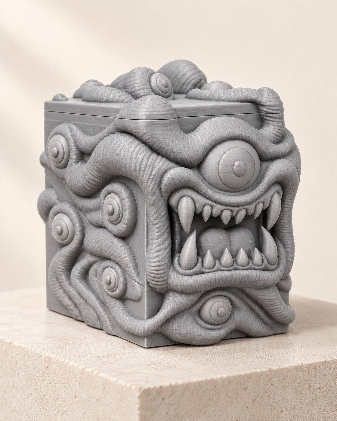 All-Seer Deck Box on a pale limestone plinth, soft studio light