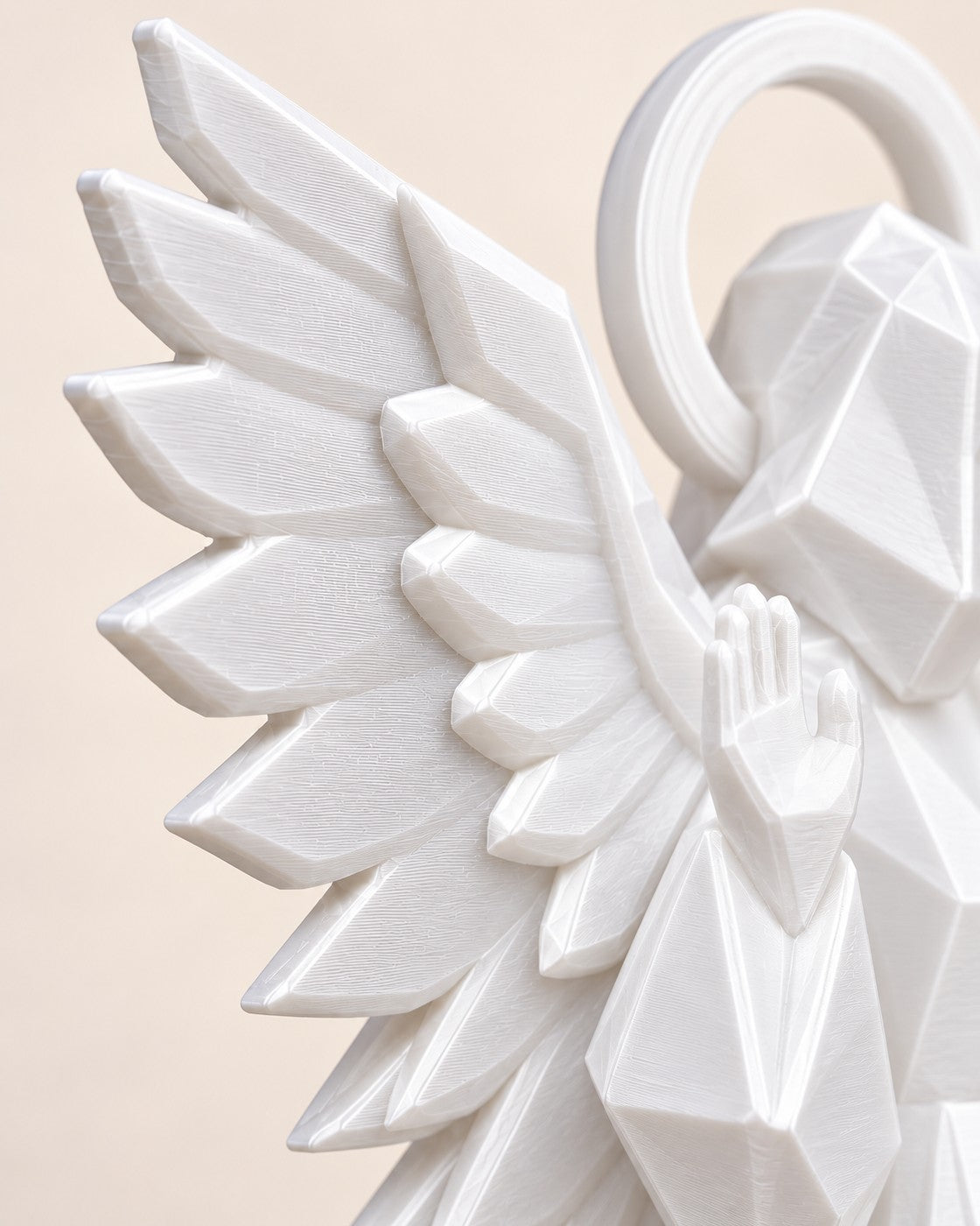 Close-up of the Four-Winged Guardian Angel showing fine printed layer lines