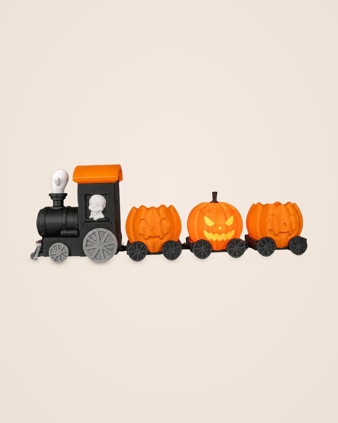 Haunted Pumpkin Train: Locomotive with three carved pumpkin wagons, 37 cm long