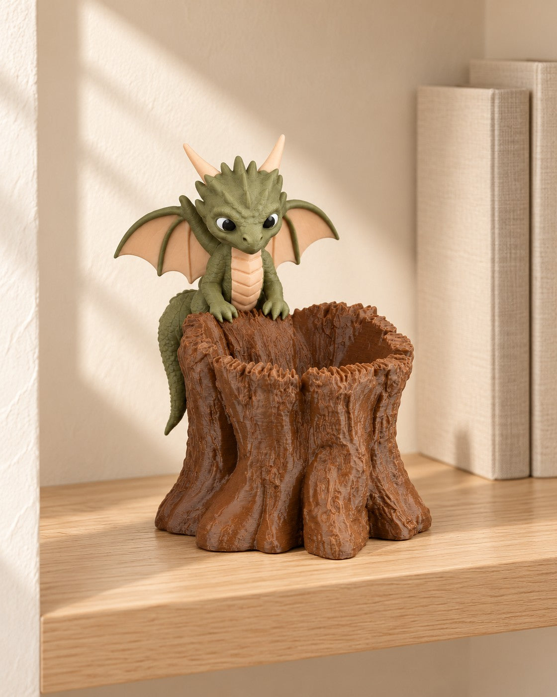 Baby Dragon Stump Planter in a calm, softly lit interior, shown at true scale