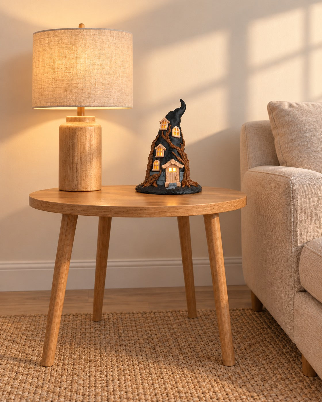 Witch Hat Cottage Lamp in a calm, softly lit interior, shown at true scale