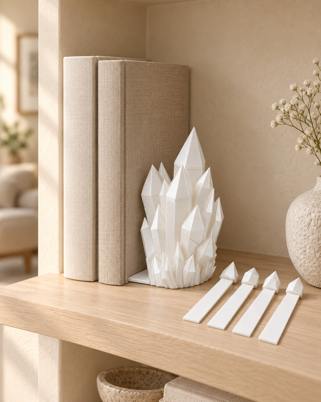 Lore Crystal Bookend & Bookmark in a calm, softly lit interior, shown at true scale