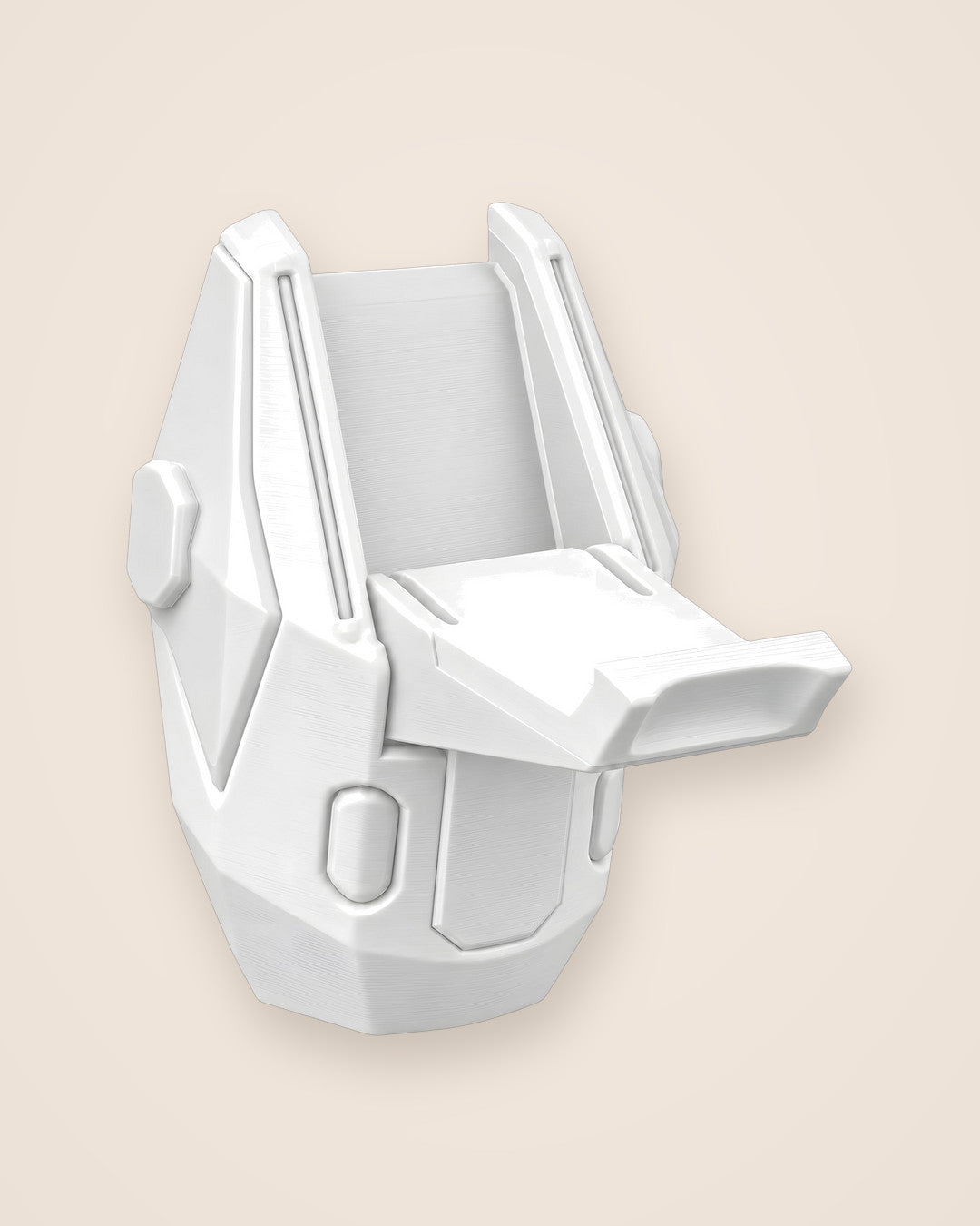 Sci-Fi Headphone Hook: Angular wall shell with a slim hook arm, in matte white