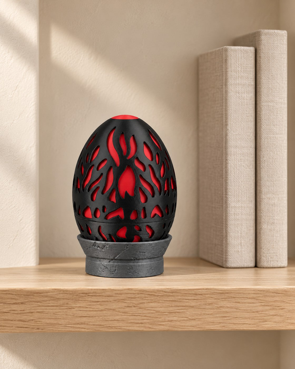 Magma Dragon Egg Box in a calm, softly lit interior, shown at true scale
