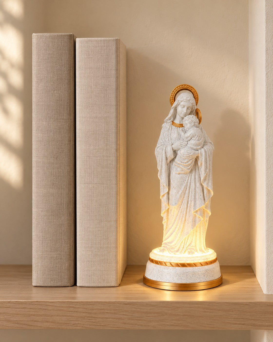 Mary and Child Statue in a calm, softly lit interior, shown at true scale