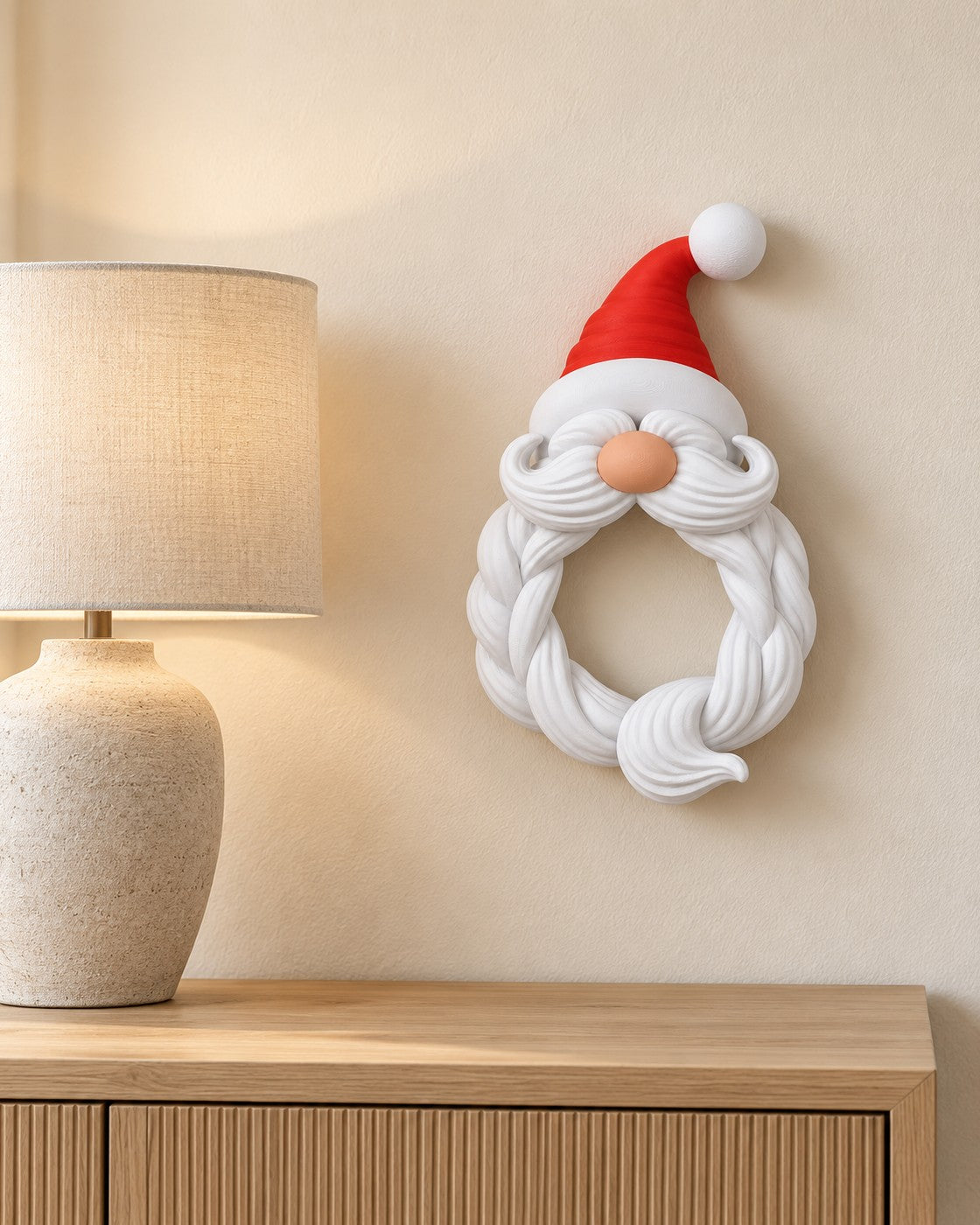 Santa Face Wreath in a calm, softly lit interior, shown at true scale