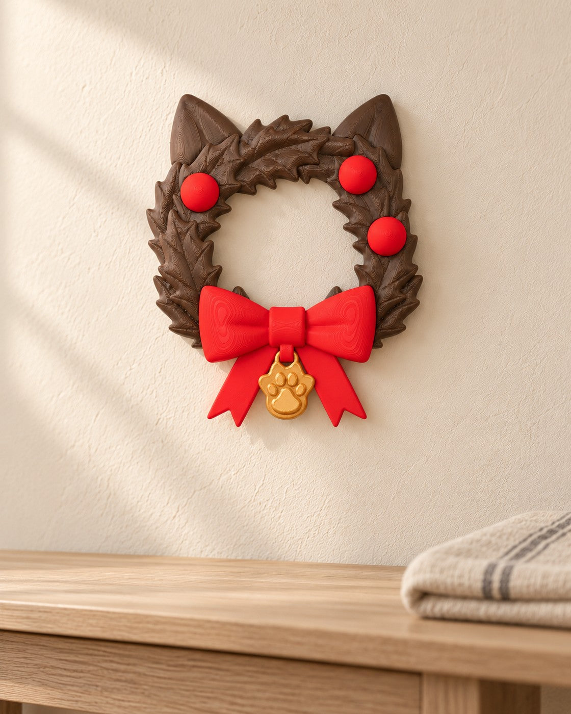 Cat Ears Christmas Wreath in a calm, softly lit interior, shown at true scale