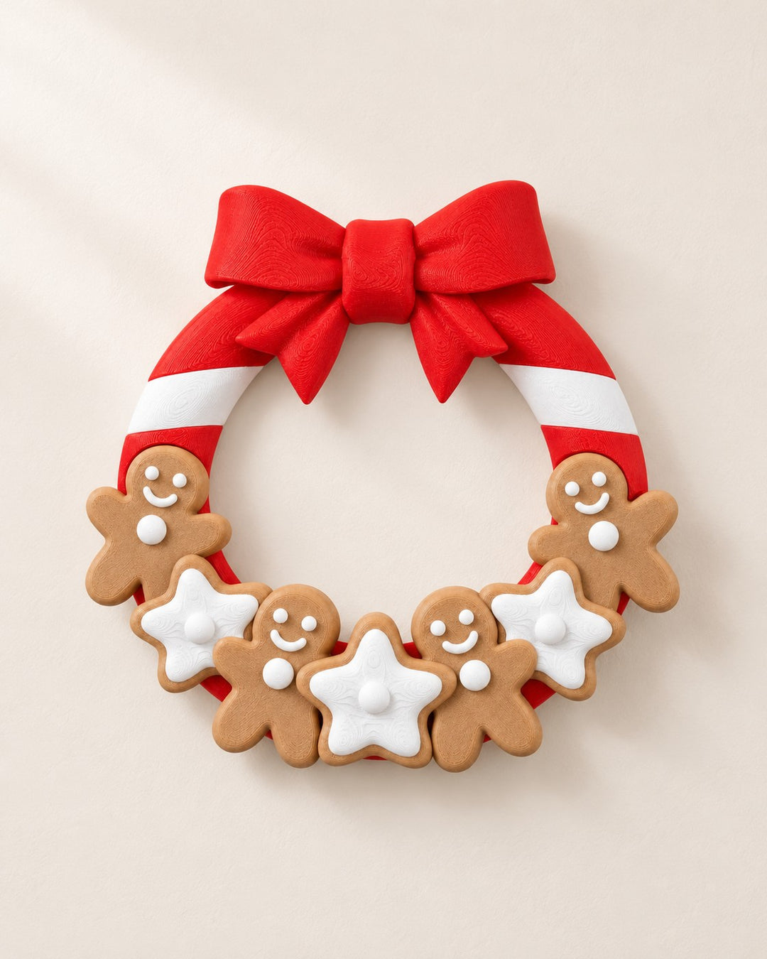 Gingerbread Christmas Wreath: Candy-cane ring with four gingerbread figures, iced stars and a red bow