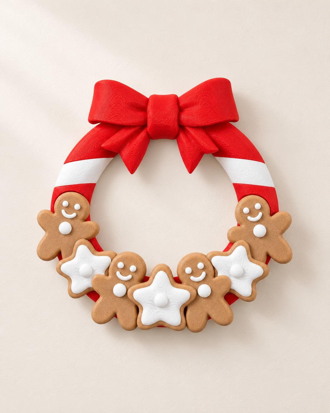 Gingerbread Christmas Wreath on a pale limestone plinth, soft studio light