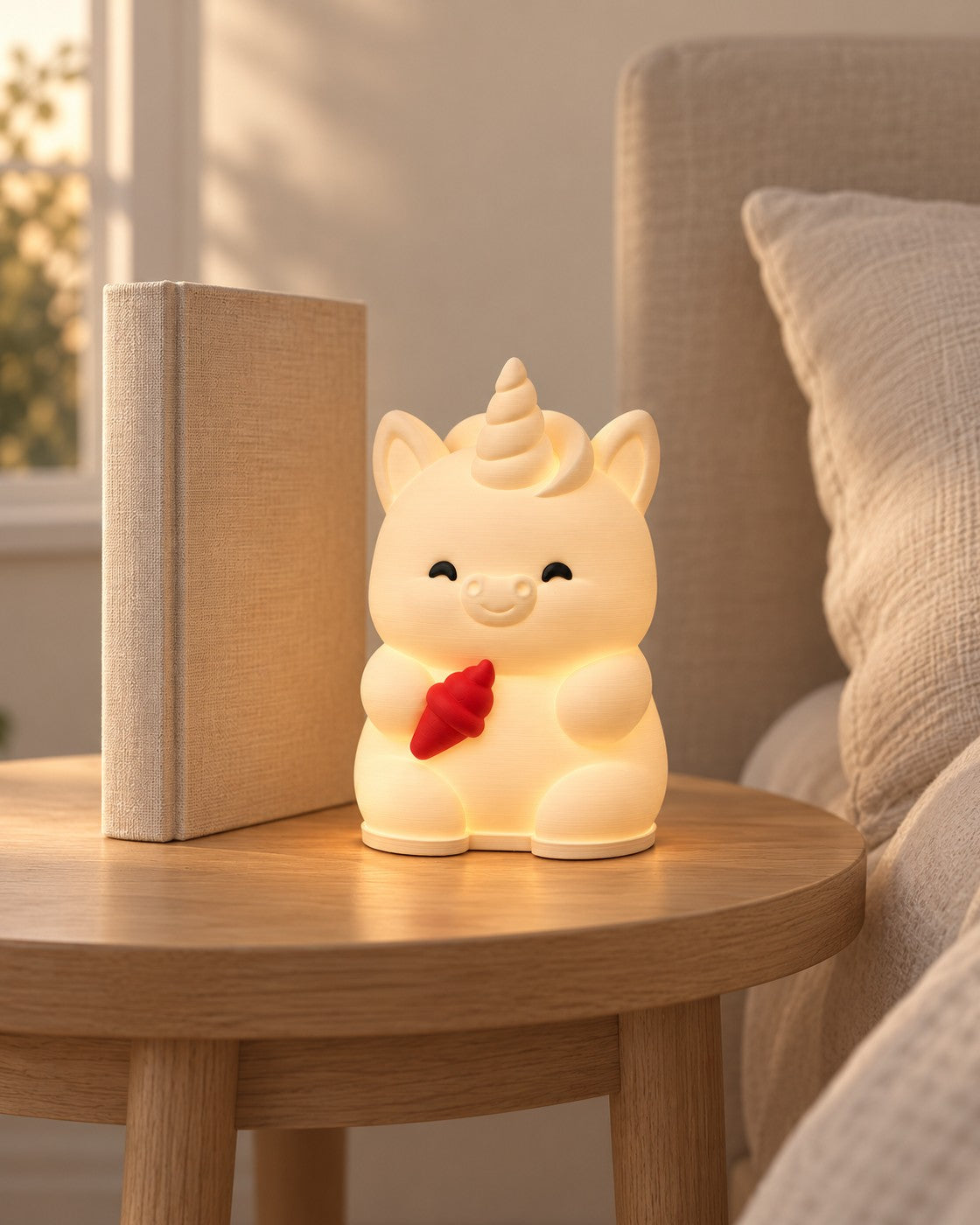 Unicorn Ice Cream Lamp in a calm, softly lit interior, shown at true scale