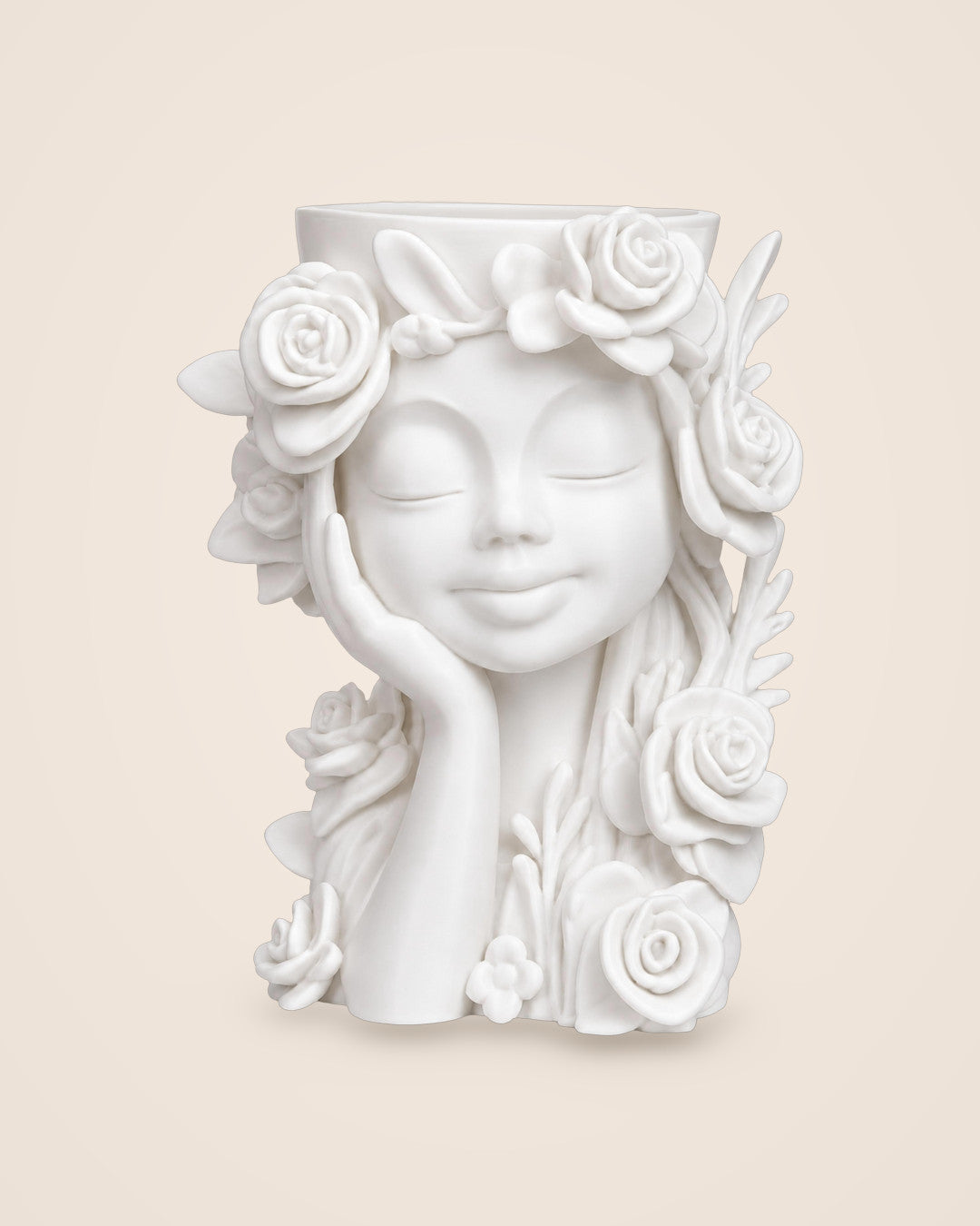 Rose Muse Vase: Watertight white face vase with sculpted roses