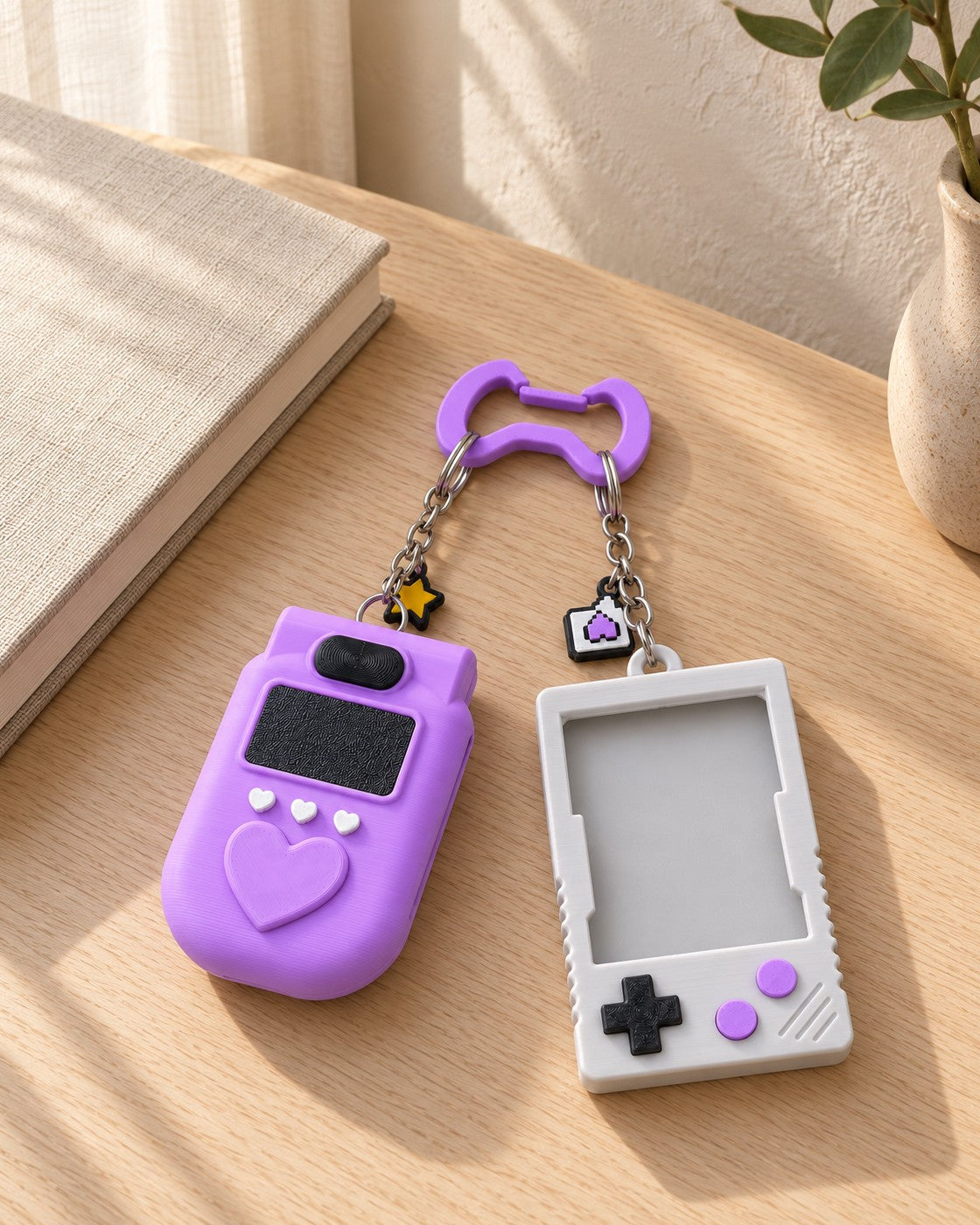 Pixel Pocket Keyring Set in a calm, softly lit interior, shown at true scale