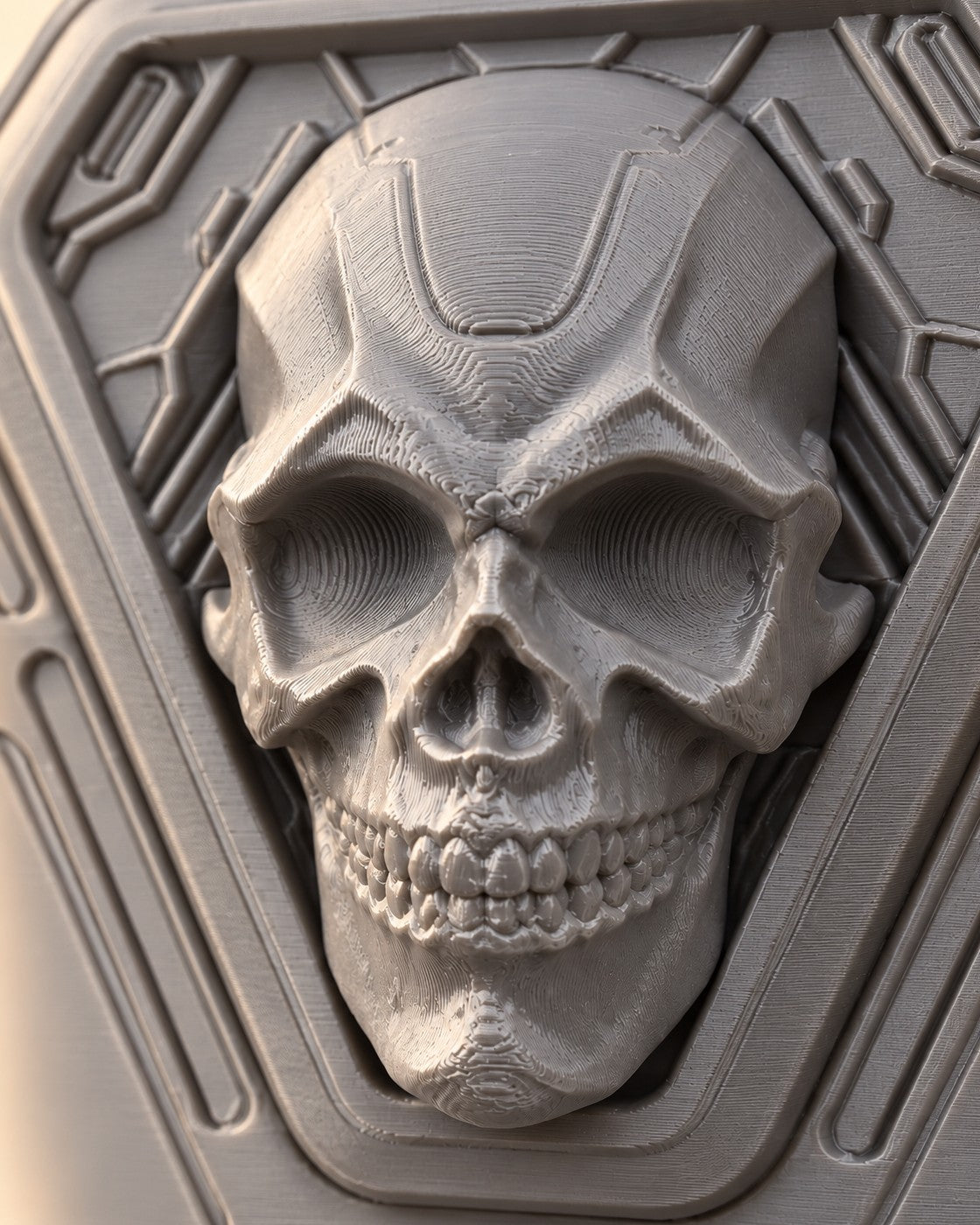 Close-up of the Skull Tilt Deck Box showing fine printed layer lines