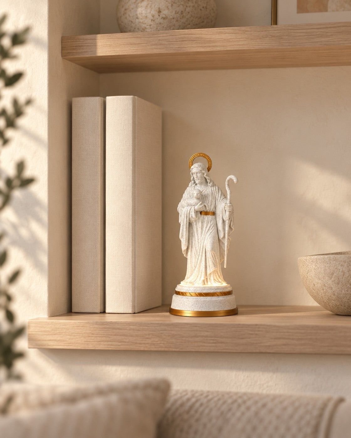 Good Shepherd Statue in a calm, softly lit interior, shown at true scale
