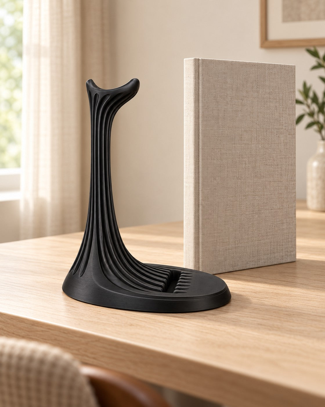 Ribbed Headphone Stand in a calm, softly lit interior, shown at true scale