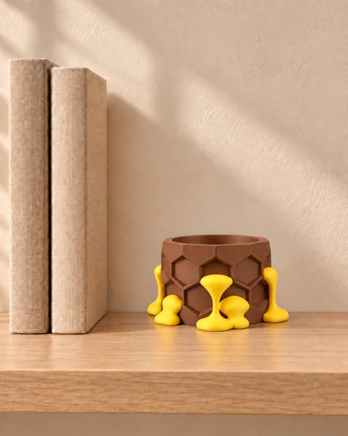 Honeycomb Plant Pot in a calm, softly lit interior, shown at true scale