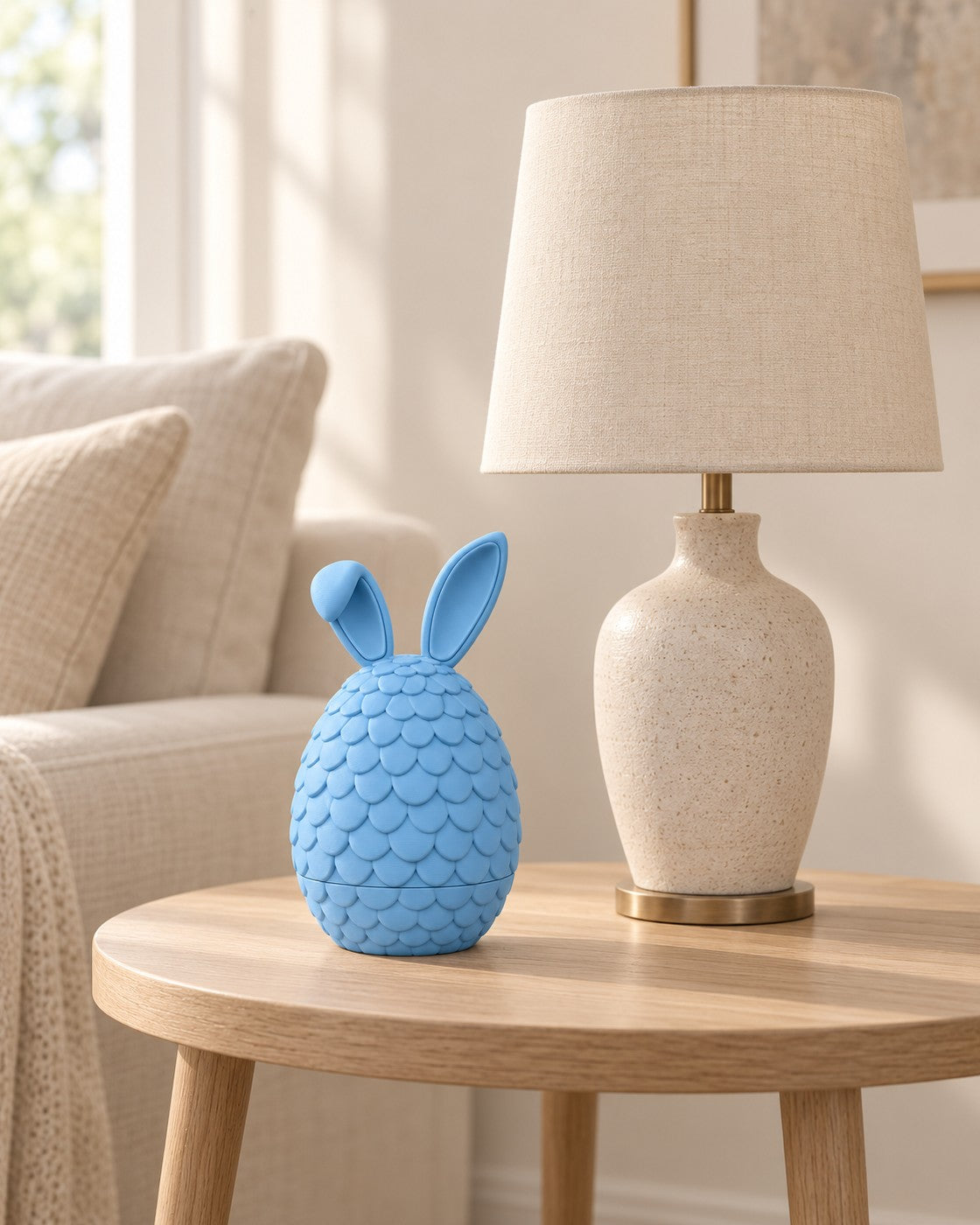Scaly Egg Trinket Box in a calm, softly lit interior, shown at true scale