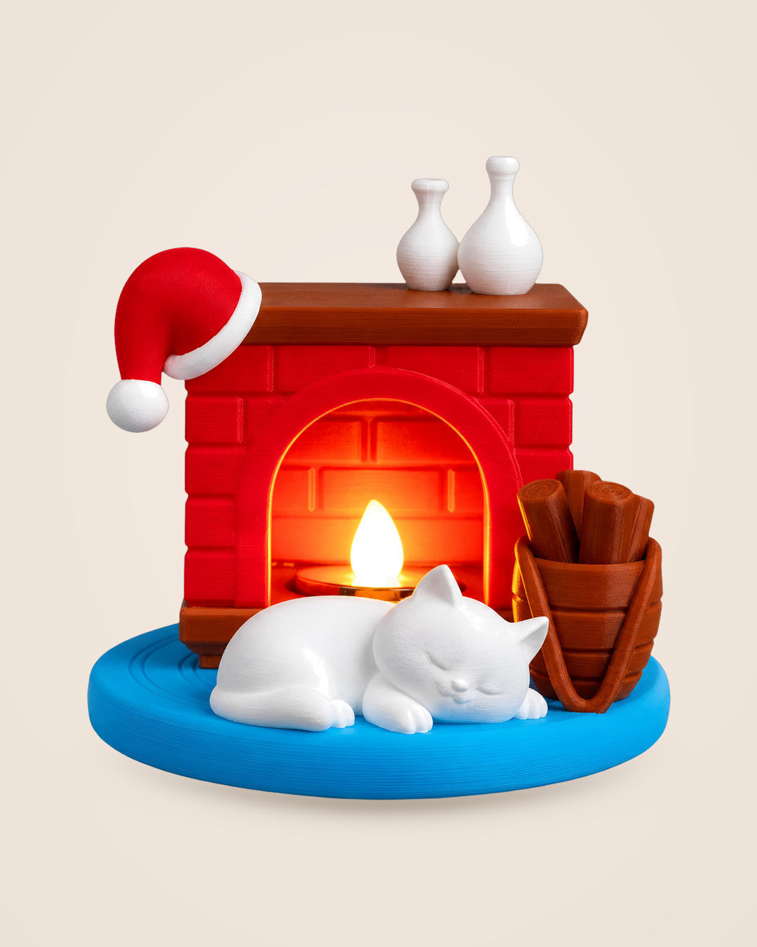 Kitty Night Night: Sleepy white cat by a red-brick fireplace, with a flameless LED tealight