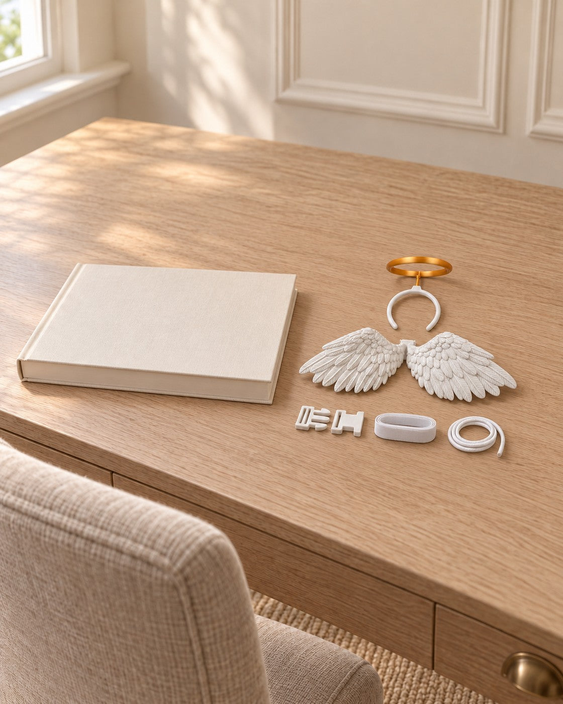 Little Saint Cat Angel Set in a calm, softly lit interior, shown at true scale