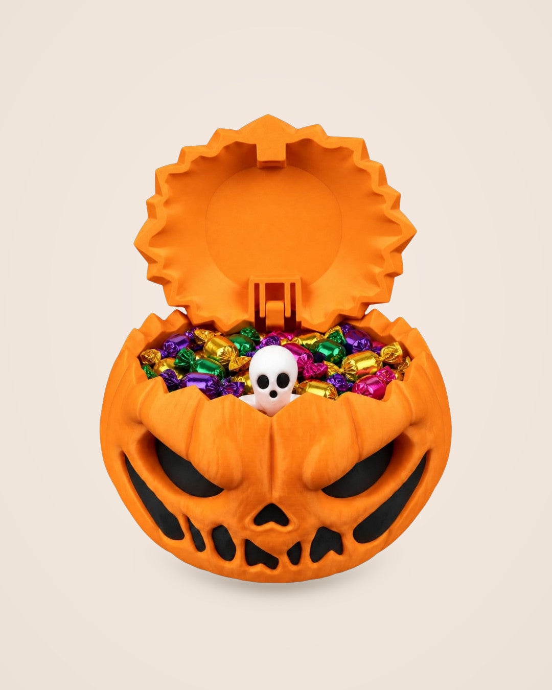 Possessed Pumpkin Bowl: Hinged-lid pumpkin sweet bowl with a ghost that rises by hand
