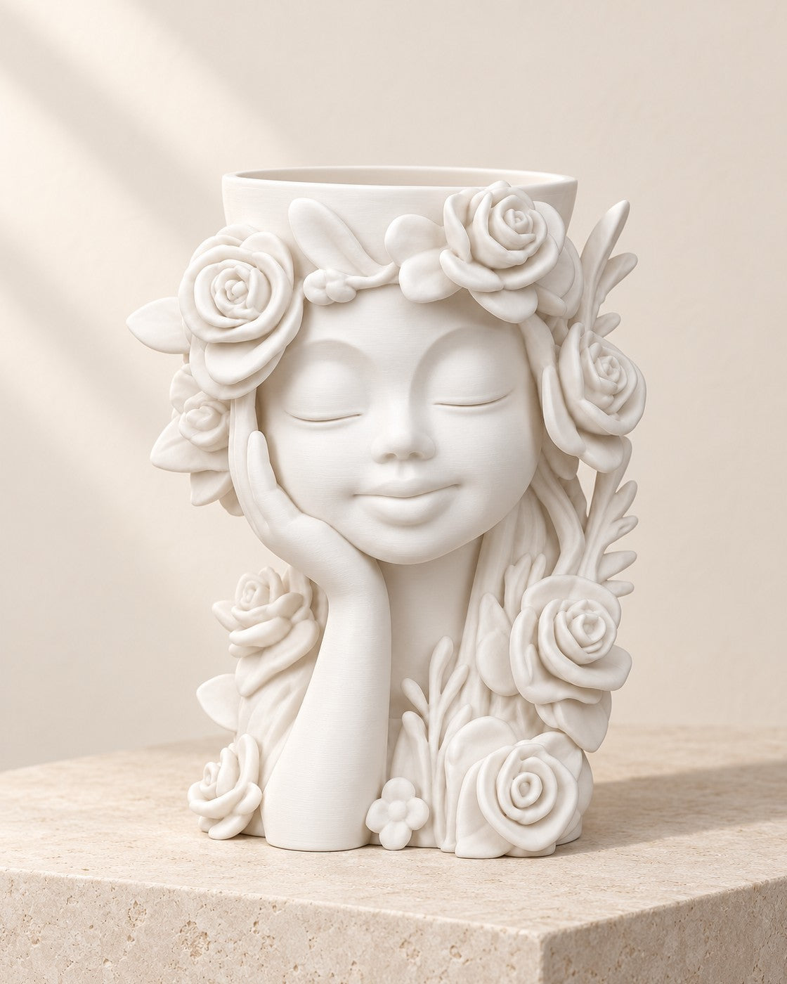 Rose Muse Vase on a pale limestone plinth, soft studio light