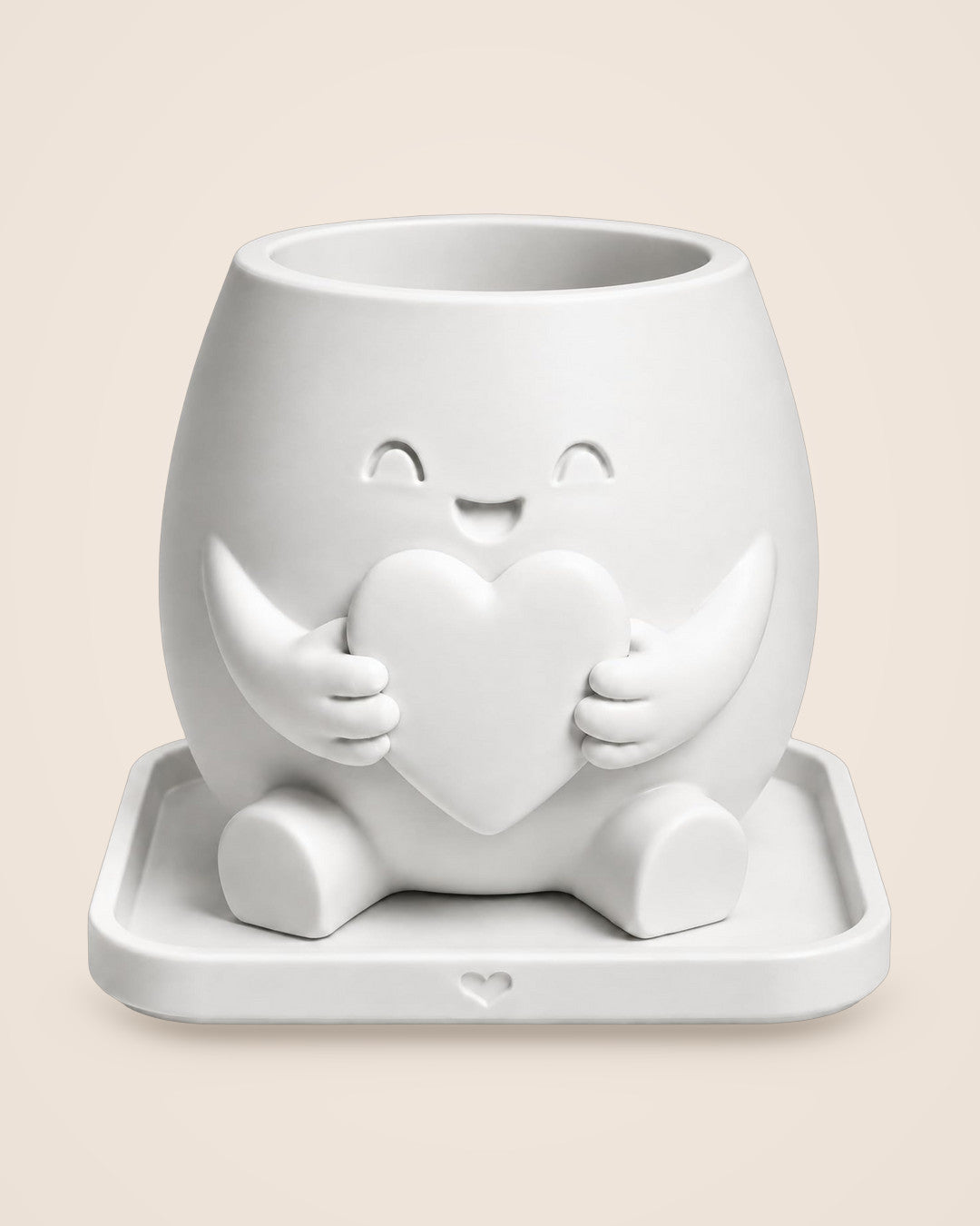 Heart Hug Planter: Smiling PETG plant pot hugging a heart, with matching saucer