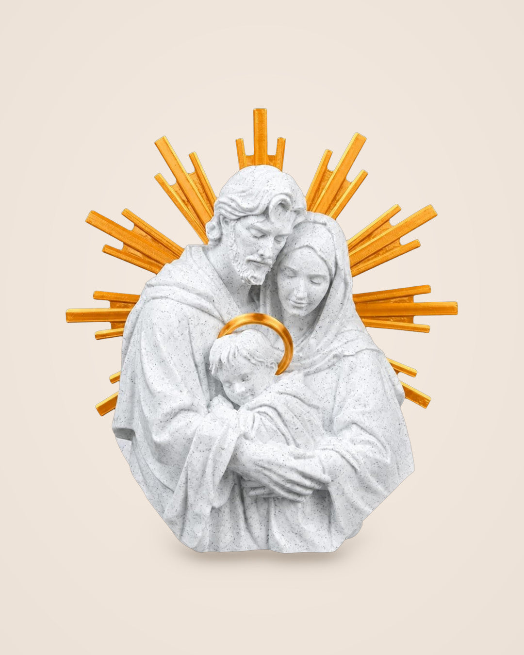 Holy Family Statue: Marble-effect and silk-gold tabletop sculpture, 22 cm high
