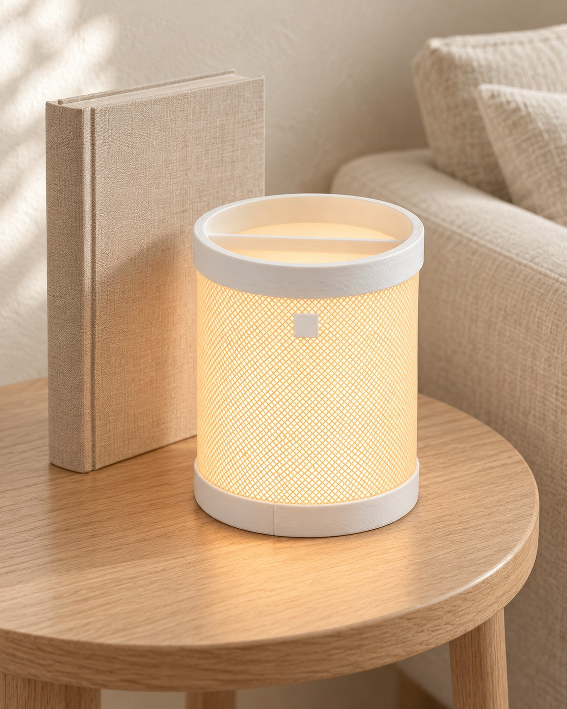Memo Tower Lamp in a calm, softly lit interior, shown at true scale