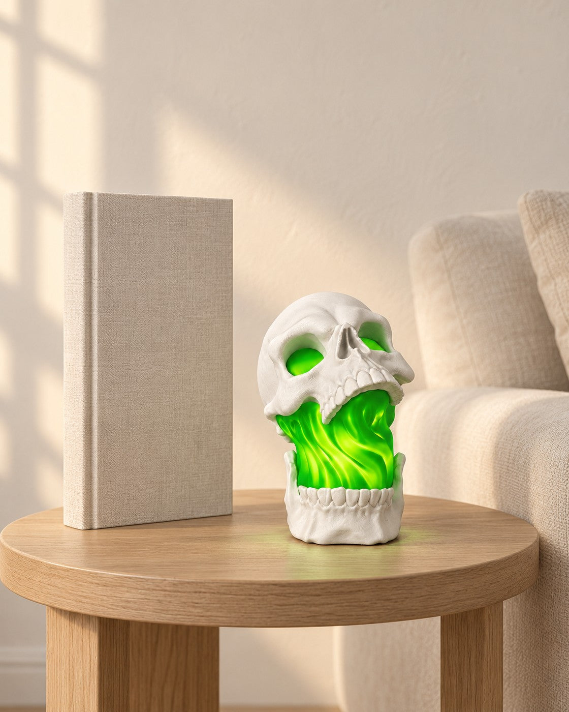 Green Glow Skull Lamp in a calm, softly lit interior, shown at true scale