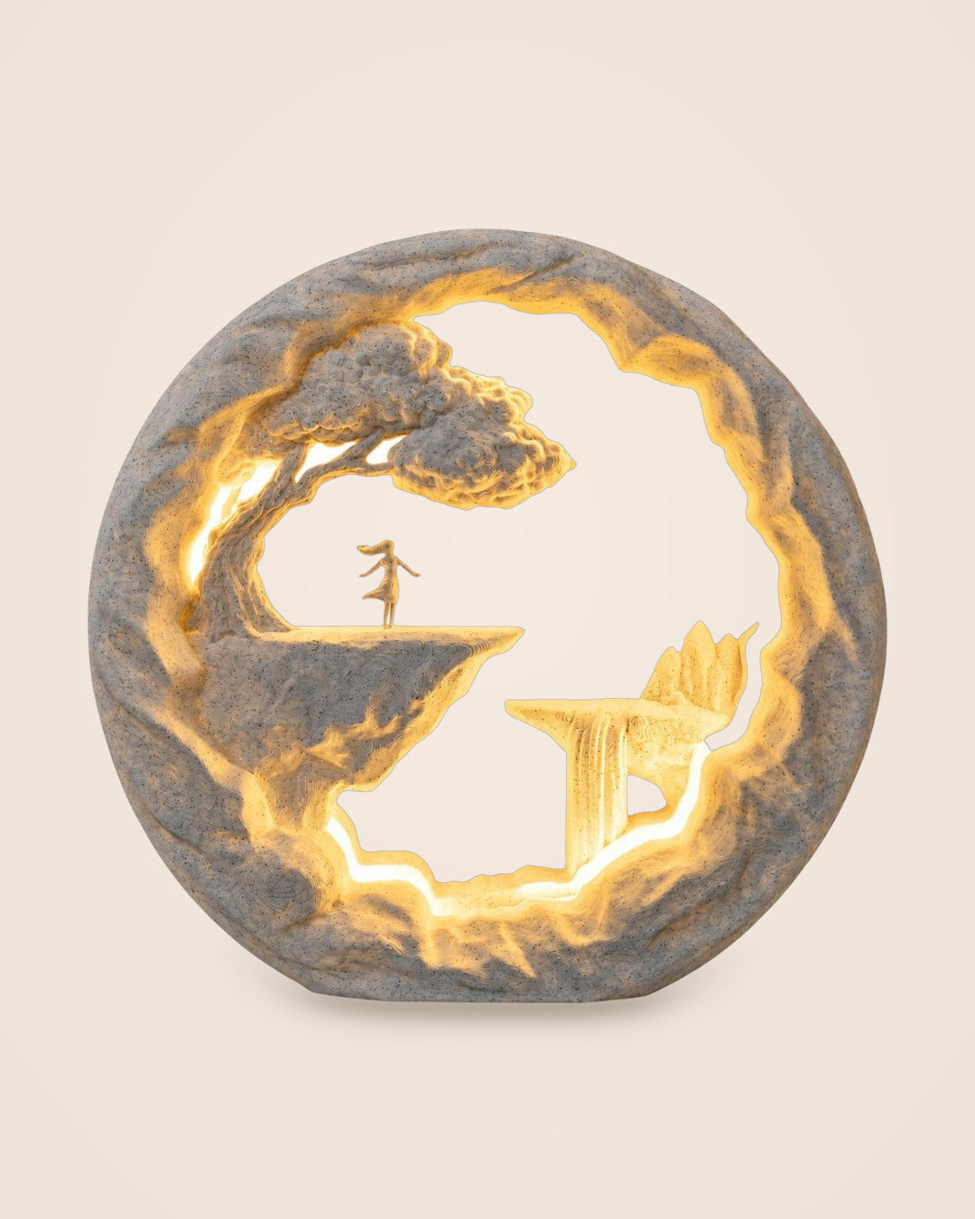 The Dreamer Lamp: A marble-effect lamp of a lone figure at the edge of a cliff