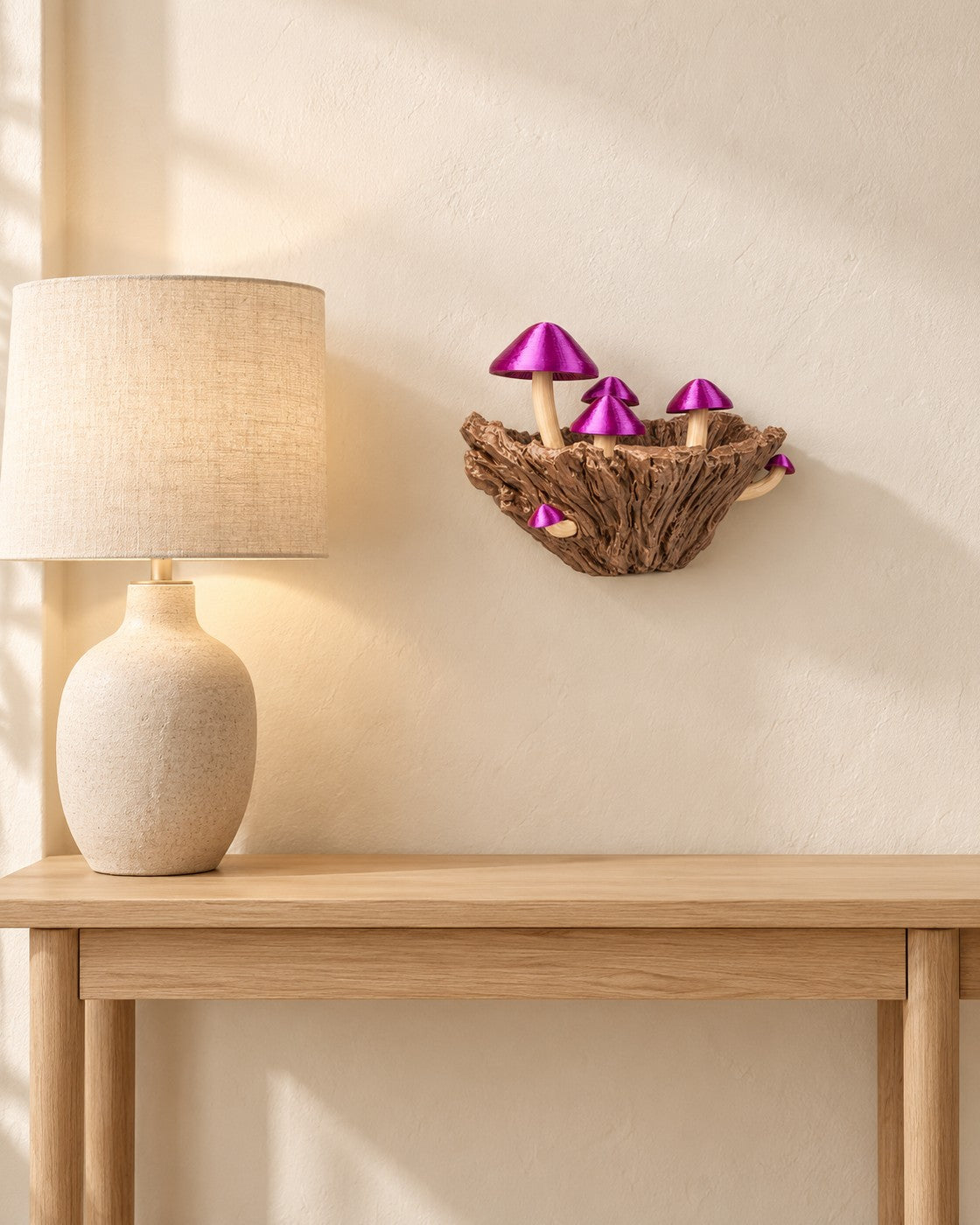 Mushroom Wall Planter in a calm, softly lit interior, shown at true scale
