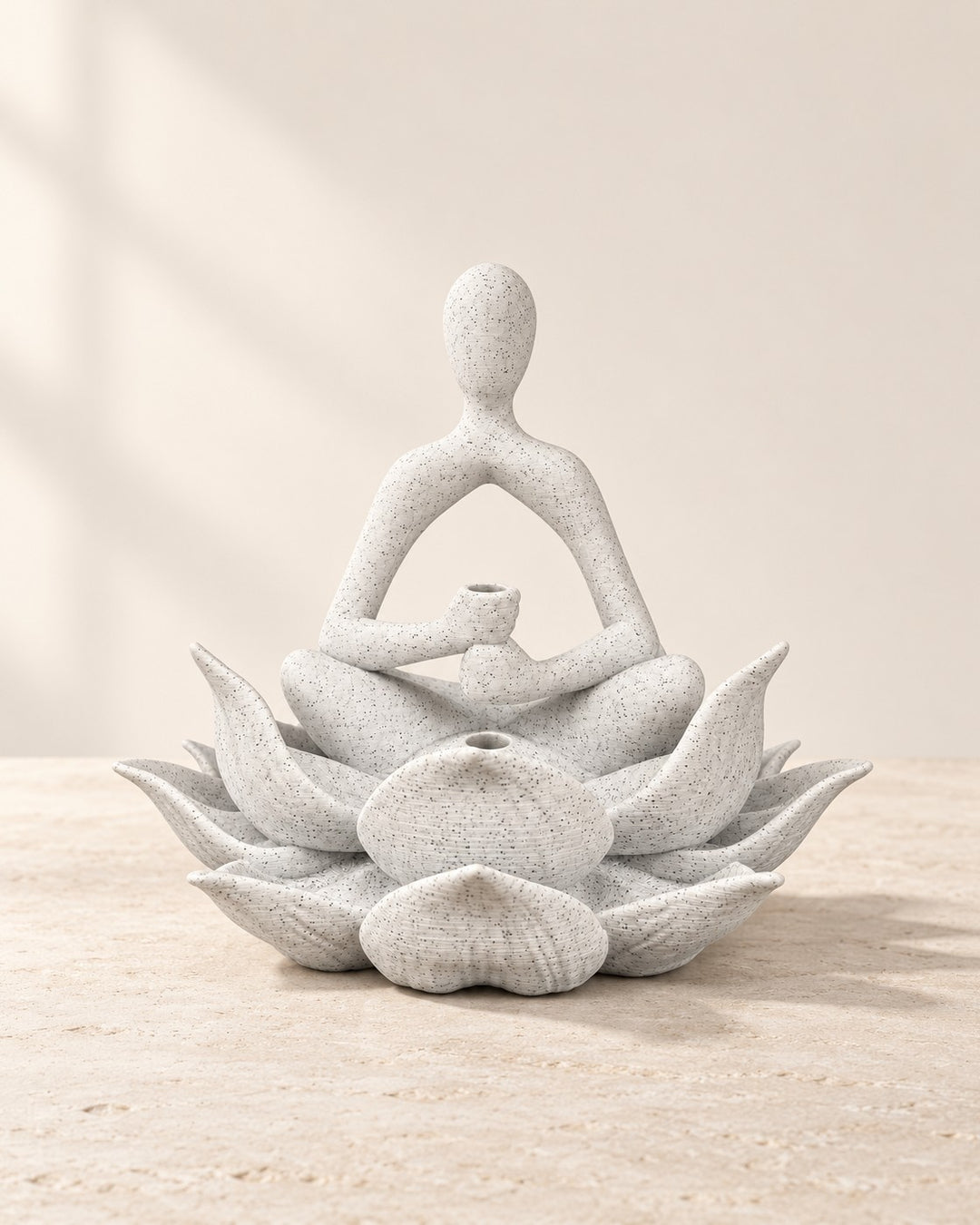 Lotus Keeper: Meditating figure on lotus petals with a dried-stem holder