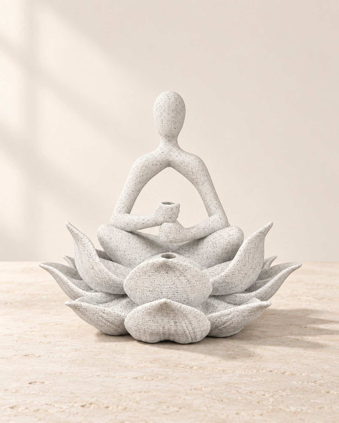 Lotus Keeper on a pale limestone plinth, soft studio light